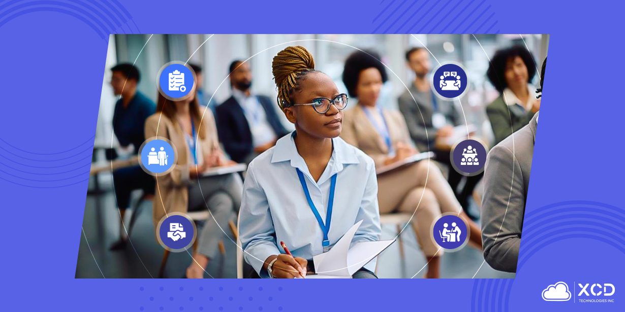 Professionals attending a conference, with graphic icons representing event management elements such as registration, networking, and meetings.