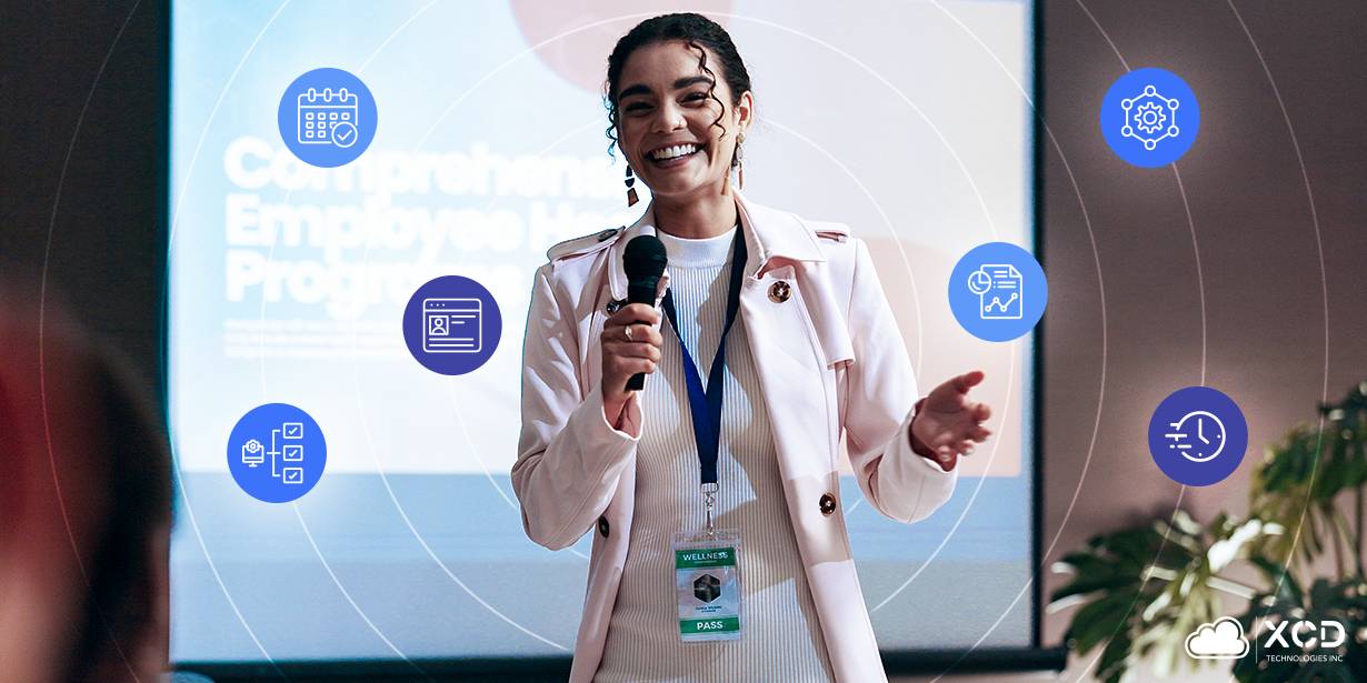 A woman presents confidently at an event, engaging the audience with her speech and visual aids, showcasing effective use of speaker management software for smooth event coordination.