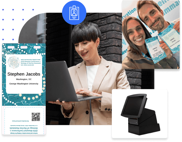 Woman checking images for custom event badge.