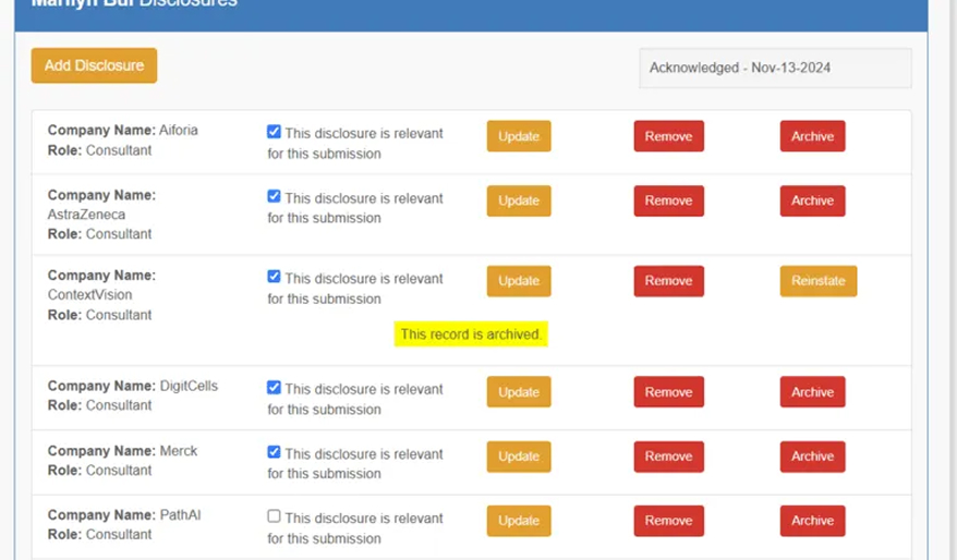 Manage Disclosures for Submissions
