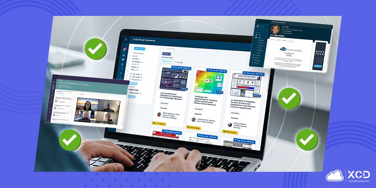 Laptop displaying a virtual conference management platform with session schedules, poster presentations, and speaker profiles, alongside smaller interface views showing live video sessions and user dashboards.