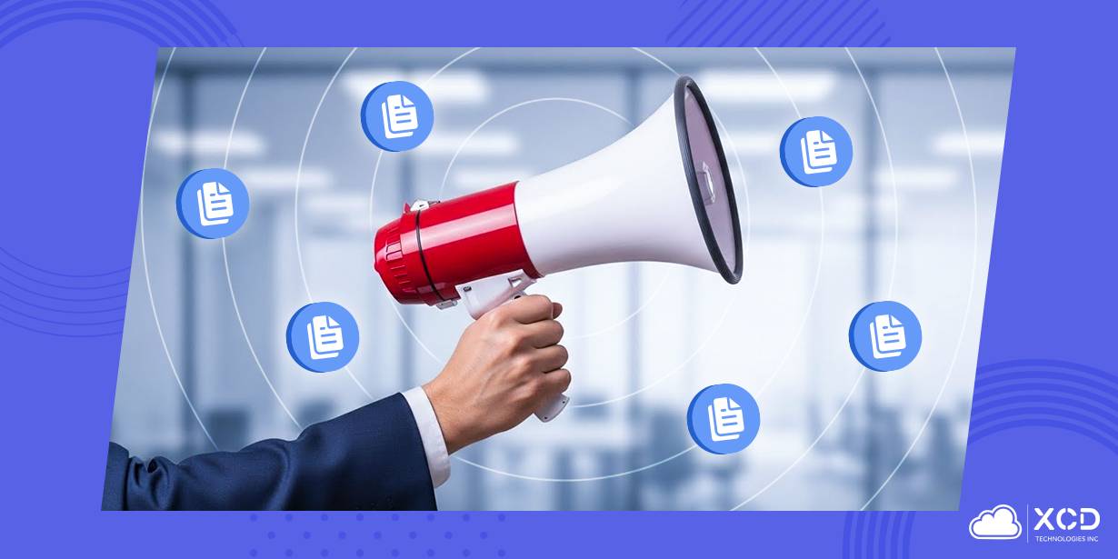 Hand holding a red-and-white megaphone with document icons radiating outward, representing a call for abstracts.