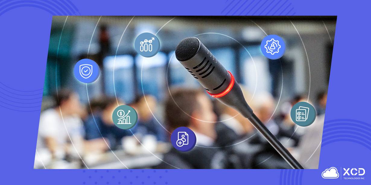Microphone in focus at a conference with blurred audience in the background, surrounded by icons representing security, analytics, automation, revenue growth, and abstract management for conference management software.