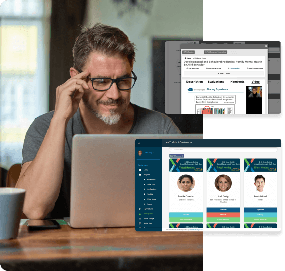 Man with a laptop adjusting his glasses while accessing X-CD