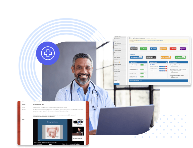 Doctor using a laptop next to a screenshot of the X-CD submission management dashboard and a sample abstract with medical presentation slides