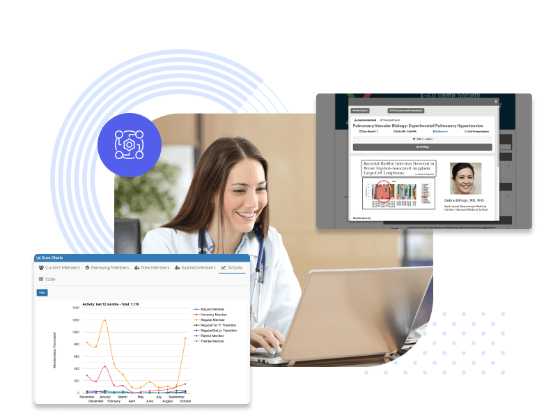 Doctor using a laptop next to a screenshot of a conference session listing with speaker profile and a membership activity chart from X-CD's dues dashboard