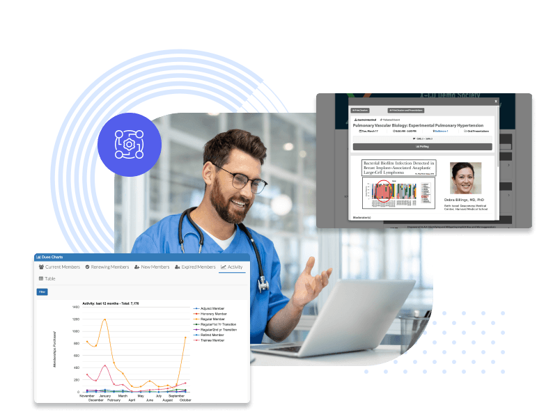 Illustration of a smiling man in blue medical scrubs and a stethoscope gesturing while working at a laptop, surrounded by decorative concentric circles and a gear icon, with an overlaid membership activity line chart (Dues Charts) and a screenshot of a medical conference abstract page showing a research poster and presenter photo.