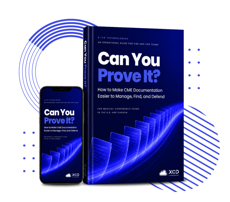 Product mockup of the "Can You Prove It?" guide shown as both a hardcover book and a phone screen, set against a dark blue background with circular line art and dot patterns.