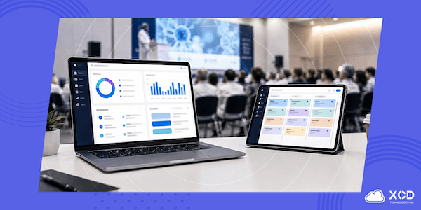 Medical conference management software shown on a laptop and tablet during a healthcare conference.