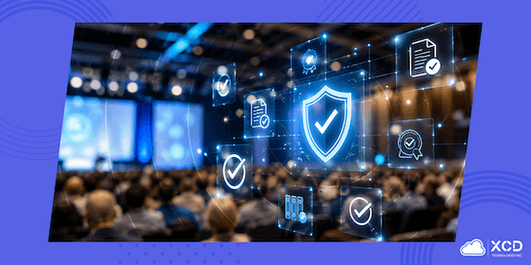 Medical conference compliance concept with digital verification icons, checkmarks, documents, and a shield displayed over a blurred conference audience.