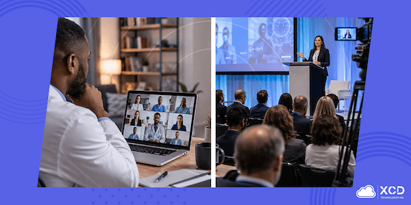 Doctor attending a virtual medical conference while a speaker presents to an in-person audience at a hybrid medical event.